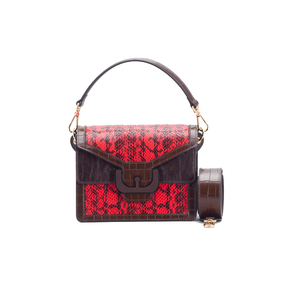Coccinelle Ambrine Red Leather Snake Print Shoulder Bag