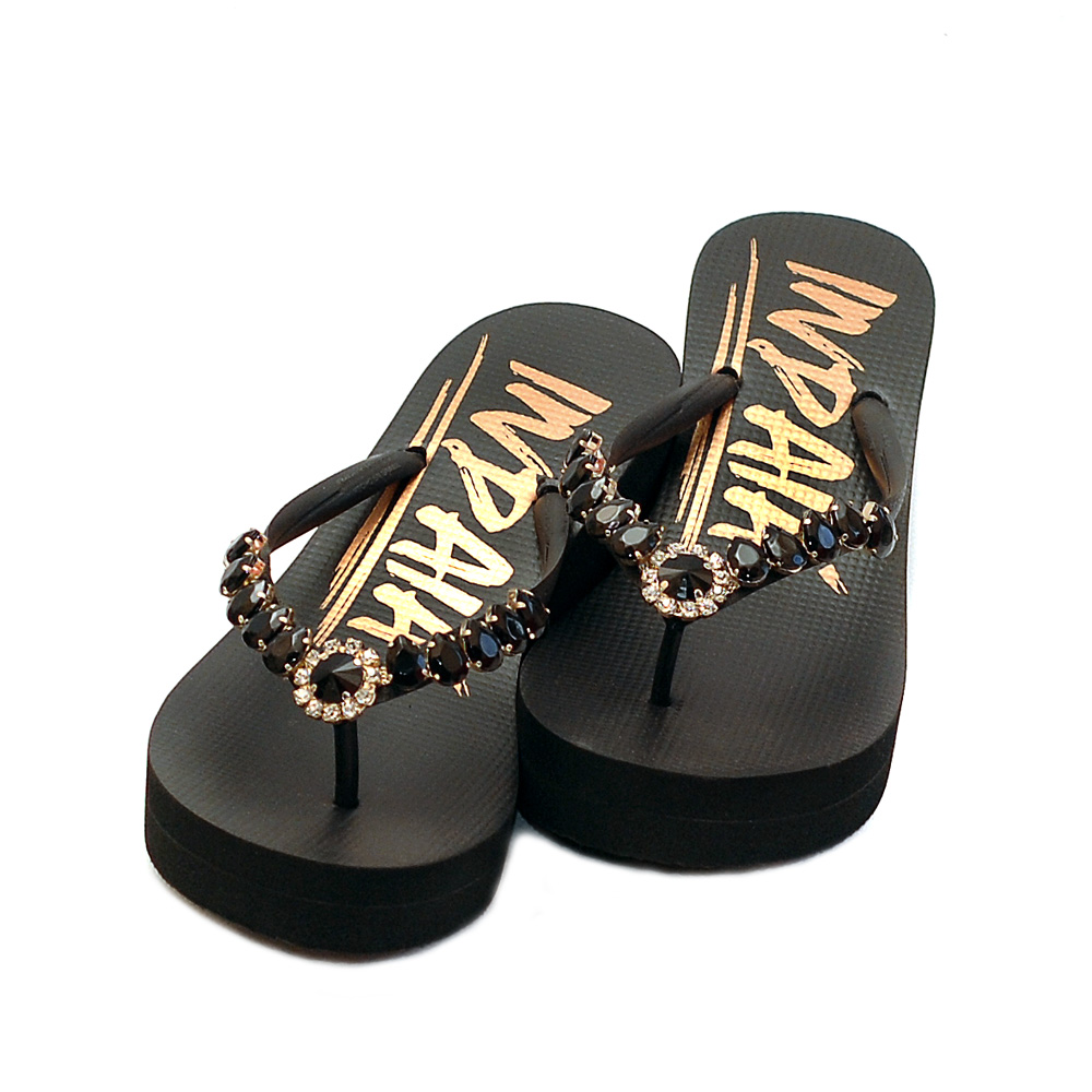 Indaia Black Embellished Flip Flop Flatforms - Niutrack.com