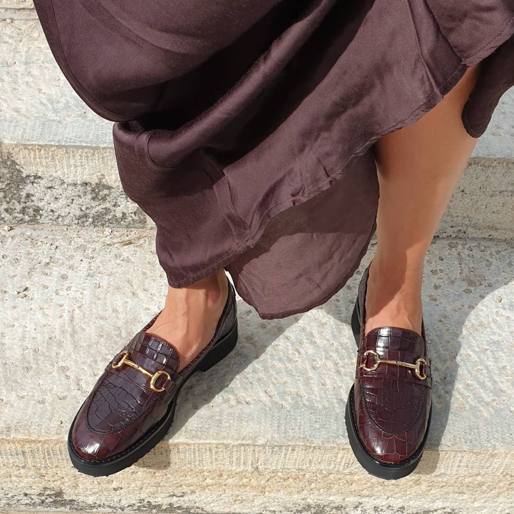The Bag Croco Print Burgundy Leather Loafers