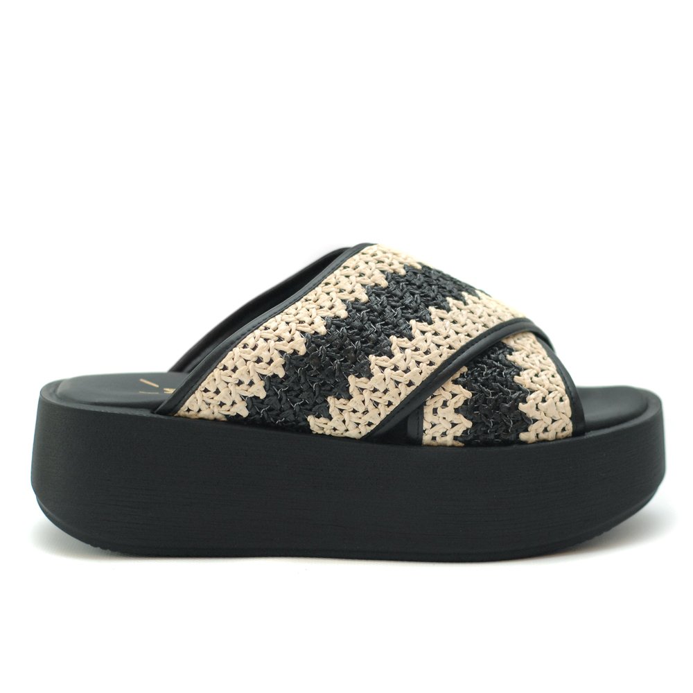 KMB Black Beige Raffia Platforms